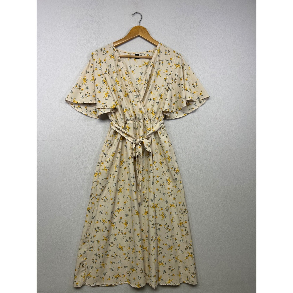 Cottagecore Boho SHEIN Women Large Cream Yellow Floral Flutter Sleeve Wrap Dress